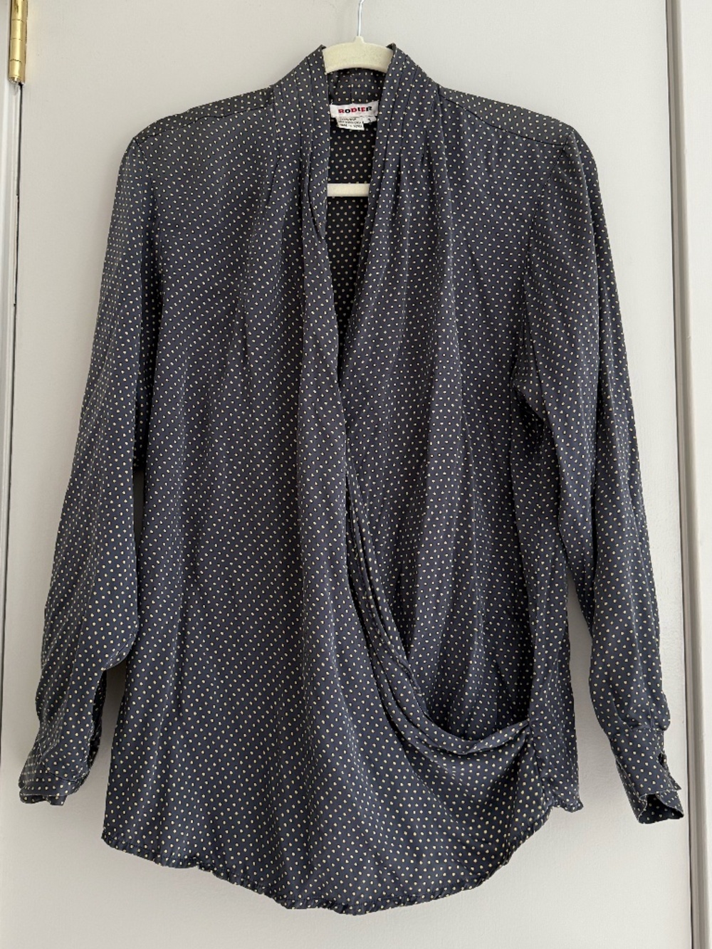 Rodier grey silk blouse with pale yellow polka dots size L